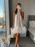 YESMYTOOL  -  Elegant White Sequins Feather Hem Mini Dress Women Sexy Off Shoulder Loose Halter Dresses 2024 New Shiny Female Party Vestidos