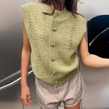 YESMYTOOL  -   Women Green Cardigan Knitted Sweater Waistcoat Fashion Sleeveless V-Neck Knit Sweater for Woman Vest Korean Jumper Vintage Cloth