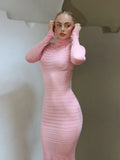 YESMYTOOL  -  2024 Autumn Winter Striped See-through Knitted Long Dress Streetwear Sexy Women's Half High Collar Bodycon Evening Party Dresses