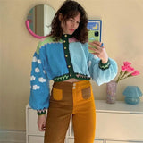 YESMYTOOL  - Patchwork Knitting Sweater Women Lantern Sleeve Button Shirts Autumn Casual Crop Tops Loose Sweet Style Streetwear  Y2k Top Cute