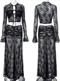 YESMYTOOL  -  Sheer Lace Maxi Skirt Suit Women Ruched Hollow Out Lacing Shirt Flare Long Sleeve Lady Long Dress Sets 2024 Sexy Party Beachwear