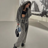 YESMYTOOL  -  Vintage Hollow Out Design Wide Leg Pants Gray Loose Casual Sports Pants For Women High Waist Wide Leg Sweatpants Women Clothing