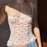 YESMYTOOL  -  Vintage Fashion Bow Printed Summer Mesh Top Camisole Coquette Clothes Bow Ruched See Through Sexy Camis Top Women New