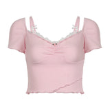 YESMYTOOL  -  Sweet Pink Frill Lace Trim Summer T-shirts Women Korean Fashion Fold Bow Skinny Cropped Tee Cutecore Coquette Clothes