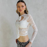 YESMYTOOL  -  Personalized Lace Spliced Solid T-shirt Sexy Sheer Low Cut Hollow Out Round Neck Lace Up Bow Tie Long Sleeve Sexy Top