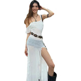 YESMYTOOL  -  Cross Border 2024 Summer New Women's Clothing Perspective Suspender Slim Fit Long Skirt with Slit and Wave Edge Dress