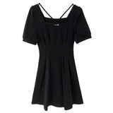 YESMYTOOL  -  2024 Summer Women Black Elegant Backless Pleated Mini Dress Short Sleeve Square-neck Basic Slim Party A-line Dress Vestidos Chic