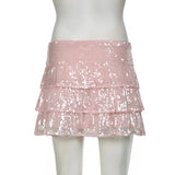 YESMYTOOL  -  Sweet Pink Sequined Party Skirt Women Korean Fashion Bow Bling Sexy Mini Skirts Three-Layer Coquette Clothes Clubwear