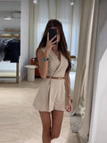 YESMYTOOL  -  Elegant Belt Sleeveless Women's Jumpsuit V-Neck Waist One-Piece Shorts Romper Female 2024 Spring Summer Solid Lady Playsuit