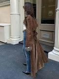 YESMYTOOL  -  Female Retro Jacket Elegant Brown Belted Waist Long Coat Double Breasted High Street Autumn Fashion Full Sleeve Outwear