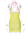 YESMYTOOL  -  Cute 2000s Aesthetics Yellow Plaid Halter Mesh Dresses Y2K Fashion Sexy Backless Deep V Hollow Out Bodycon Mini Dress