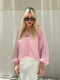 YESMYTOOL  - Fashion Sweet Pink Hollow Out Knitted Cardigan Women Casual Long Lantern Sleeves Single Breasted Sweater Lady Chic Knitwear