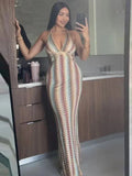 YESMYTOOL  -  Sexy Colorful Stripe Halter Dress Women Sexy V-neck Backless Sleeveless Lace Up Female Long Dresses 2024 Summer Lady Beach Robe