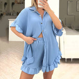 YESMYTOOL  -  Summer Casual Short Sleeve Suit Female Lapel Single Breasted Shirts+Ruffles Short Outfit Elegant Solid Color Loose Homewear Suit