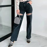 YESMYTOOL  -  Fashion Diamond Patchwork Slim Long Pants Sexy Hollow Zipper Women's Jeans 2024 Summer Casual High Waist Button Denim Trousers