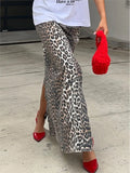 YESMYTOOL  - Leopard Print Split Denim Skirt Women 2024 New High Waist Pocket Straight Midi Skirts Streetwear Fashion Office Lady Long Faldas