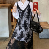 YESMYTOOL  -  Floral Lace Black Transparent Dresses Women Sexy Long Dress Korean Sleeveless Holiday Dress Vacation Streetwear Party