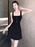 YESMYTOOL  -  Black Sexy High Waist Party Club Backless Mini Dresses Women Summer Office Lady Square Collar Sleeveless Zipper Short Dress Chic