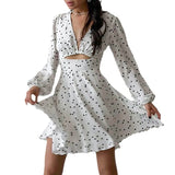 YESMYTOOL  -  Summer Women's Long Sleeved Polka Dot Printed Dress V-neck Hollow Bubble Sleeve Temperament Slim Fit Flower Bud Skirt Women 2024