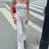 YESMYTOOL  -  Y2k Outfits Casual Loungewear Fruit Print Strapless Tube Tops Summer 2 Piece Set Women Off Shoulder Backless Crop Tops + Pants