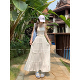 YESMYTOOL  - Summer Solid White Long Skirt Women Pleated Black Mid-length Skirts High-waisted Fairy A-line Long Tulle Cake Skirts Y2k Clothes