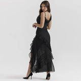 YESMYTOOL  - Sexy Low-cut Sleeveless Ruffle Split Long Dresses For Women 2024 Elegant Black Evening Dress Night Out Party Wears