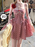 YESMYTOOL  -  Y2K Red Plaid Princess Short Dresses for Women Summer New Slim Spaghetti Strap Corset A-line Party Dress Prom Vestidos Mujer