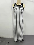 YESMYTOOL  -  2024 New Black White Stripe Print Knit Dress Fashion Round Neck Sleeveless Slim Long Dresses Female High Street Casual Robes