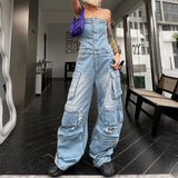 YESMYTOOL  -  Multi Pocket Wash Denim Overalls Jumpsuit 2024 Autumn New Sleeveless Tube Top High Waist Wid-leg Pants Party Club Streetwear