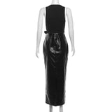 YESMYTOOL  -  PU Leather Low Neck Sexy Maxi Dress for Women 2024 Winter Fashion Black Sleeveless High Waist Slim Fit Wrap Hip Vestidos Party