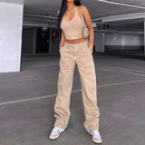 YESMYTOOL  -  Multi Pocket Straight Leg Cargo Pants for Women Autumn Fashion Soild Color High Waist Button Fly Loose Fit Jeans Streetwear