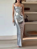 YESMYTOOL  -  Sexy Sling Backless Silvery Maxi Dress For Women 2024 Fashion High Waist Bodycon Sleeveless Robes Female Evening Party Vestidos