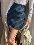 YESMYTOOL  -   Vintage Preppy Green Plaid Skirt Women Check England Style School Casual High Waist A-line Slim Mini Skirt 90s Aesthetic