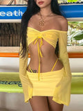 YESMYTOOL  -  Y2K Aesthetics Sexy Co-ord Sets Yellow 2000s Clubwear Off Shoulder Flare Sleeve Crop Tops and Micro Skirt 2 Piece Suits