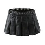 YESMYTOOL  -  Women Mini Bandage Low Rise Waist Pu Pleated Y2k Shorts  Renn Skirt Black