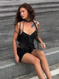 YESMYTOOL  -  2024 Summer Bandage Halter Neck Ruffles Camisoles Black Streetwear Woman Clothing Corset Dot Printed Backless Lace-up Crop Tops