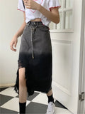 YESMYTOOL  -  Women Summer Tassel Hem Split Irregular Denim Midi Skirt Female High Waist Casual Blue Ripped Side Jeans Skirts