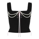 YESMYTOOL  -  Fashion Chic Pearls Satin Corset Top Women Short Evening Party Design Lace Trim Bow Tank Top Bustier Coquette French