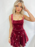 YESMYTOOL  -  Elegant Burgundy Velvet Pleated Mini Dress Women Fashion Square Neck High Waist Slim Gowns 2024 Autumn Party Cblu Evening Wear