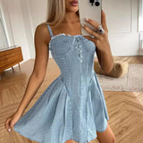 YESMYTOOL  -  Elegant Temperament Spaghetti Strap Denim Dress Summer Slash Neck Lace-up Short Dress Sexy Backless A-line Pleated Party Dresses