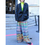 YESMYTOOL  -  Colorful Plaid Wide Leg Pants for Women 2024 Autumn New Checkerboard Printed Loose Casual Mid Waist Trousers Bottoms Streetwear