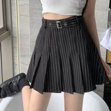 YESMYTOOL  -   Striped Pleated Skirt Women 2024 Summer Vintage Preppy Belt High Waist A-line Mini Skirt for Girls Korean Style Casual