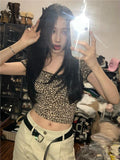 YESMYTOOL  -   Y2k Leopard Print Crop Top for Girls Coquette Tights Square Collar T-shirts Women Summer Fashion Aesthetics Harajuku Tee