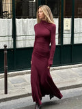 YESMYTOOL  -  Elegant Grape Purple Pleated High Collar Long Dress Women Fashion Long Sleeve Bodycorn Maxi Dresses 2024 Lady High Street Robes