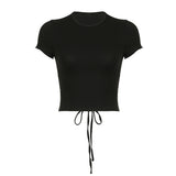 YESMYTOOL  -  Casual Basic Skinny Summer T shirts Female Lace-Up Streetwear Solid All-Match Crop Tops Short Sleeve Bandage Clothing