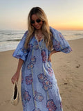 YESMYTOOL  -  Casual Printed Long Dresses Loose Striped V Neck Half Lantern Sleeve Female Dress 2024 Summer Lady Holiday Beach Linen Robes