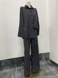 YESMYTOOL  -  Black Striped Pants Sets Women Spring Single Breasted Long Sleeve Blouse+Wide Trouser Suits Elegant Casual Fashion 2 Piece Set