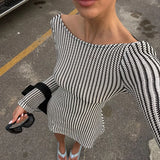 YESMYTOOL  - Fashion striped printed miniskirt sexy hollow halter long-sleeved slim-fit temperament dress woman Knit skirt