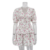 YESMYTOOL  -   Floral Printed Mini Dress 2024 Summer New Sweet Sexy V Neck Short Sleeve Tiered Short Vestidos Elegant Fashion Ruffles Dresses