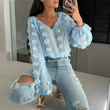 YESMYTOOL  -  Sexy V-neck Long Sleeve Lace-up Blouses Women Elegant Perspective Solid Loose Shirts Fashion Jacquard Pullover Tops Streetwear